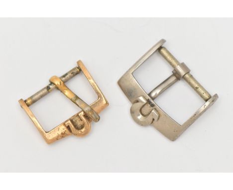 TWO 'OMEGA' ARDILLON BUCKLES, the first a 9ct gold buckle with Omega emblem, hallmarked 9ct Birmingham, approximate width 16.