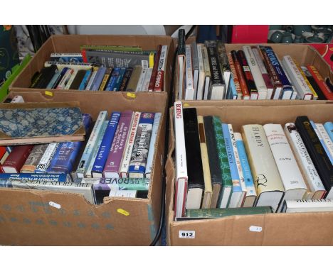 FOUR BOXES OF BOOKS, approximately eighty titles in hard back format, subjects include poetry, autobiographies, fish, footbal