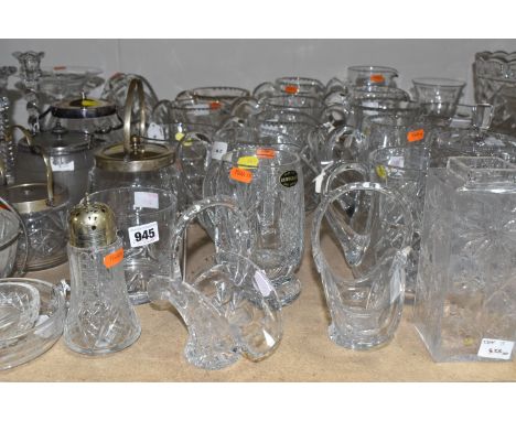 A QUANTITY OF GLASS WARE, comprising antique biscuit barrels and sugar bowls names include Walker &amp; Hall, a cruet set, ca