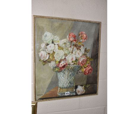 REGINALD HARRY AUSTIN ( 1890-1955) 'ROSES', a still life study of roses in a cut glass vase, signed bottom left, titled verso