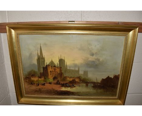 HENRY FOLEY (1844-1874) NORMANDY, a view of traders on the banks of the Seine with the cathedral beyond, signed bottom left, 