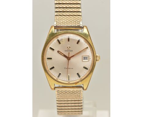 AN 'OMEGA' WRISTWATCH, automatic movement, round white dial signed 'Omega Geneve', baton markers, date aperture at the three 