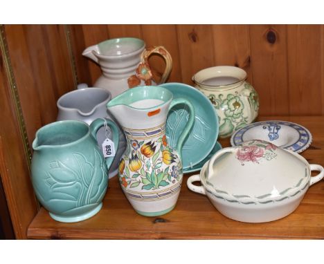 A GROUP OF SUSIE COOPER, CHARLOTTE RHEAD, AND CLARICE CLIFF CERAMICS to include a green and a grey water jug with foliate pat