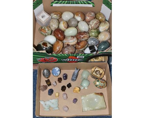 TWO BOXES OF STONE ITEMS, ETC, to include figures of wolves and other creatures carved from amethyst, tiger's eye, rose quart
