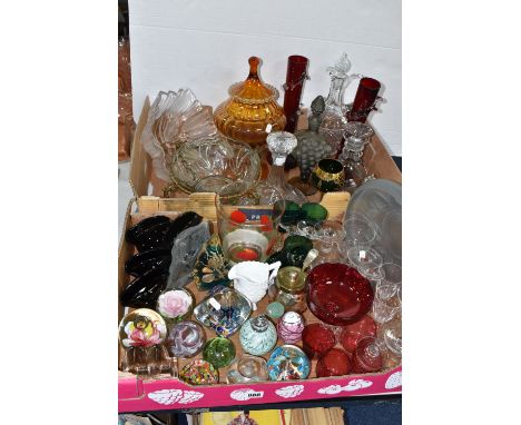 TWO BOXES OF GLASSWARE to include a frosted Jobling shallow dish with a pine cone pattern (scratches in places), a frosted 'g