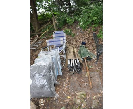 A SELECTION OF FOLDING GARDEN FURNITURE including a pop up gazebo frame, a parasol and various chairs