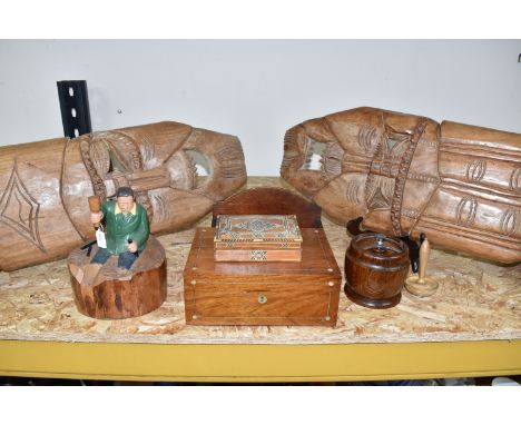 A GROUP OF TREEN ITEMS, comprising two large African style wall masks approximate length 62cm, a wood veneer box with mother 