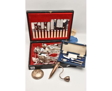 A CANTEEN AND A BROKEN SILVER CANDLESTICK WITH A CASED SET OF CUTLERY, the canteen filled with a mixture of EPNS cutlery piec