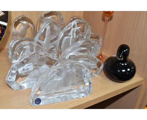 A COLLECTION OF MAINLY WEDGWOOD GLASSWARE, comprising clear glass paperweights depicting an eagle, a heron, a duck, a swan, a