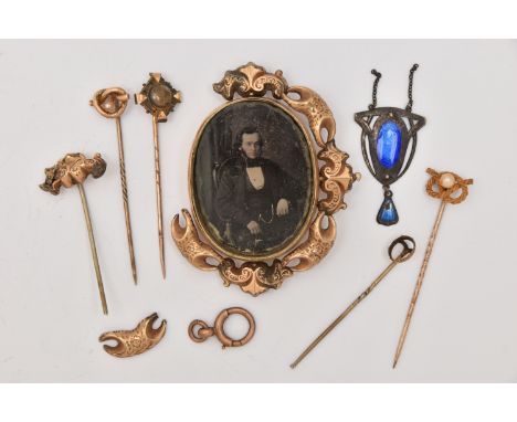 A 'CHARLES HORNER' ENAMEL PENDANT, A LARGE MEMORIAL BROOCH AND STICK PINS, to include a white metal and blue guilloche enamel