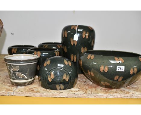 A GROUP OF DENBY ART POTTERY ITEMS, from the Gemini range featuring the dark green glaze and brown spots, comprising a balust