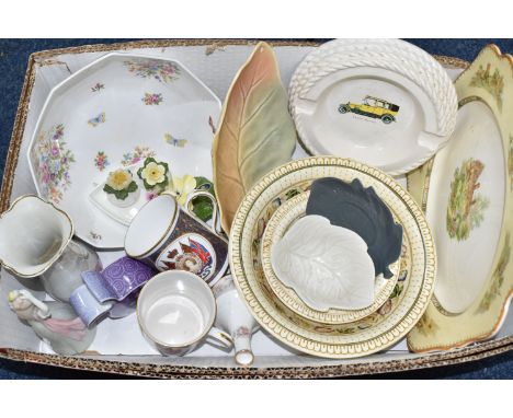 A BOX OF ASSORTED CERAMICS to include two Spode royal commemorative mugs, two Woods 'Briar' dishes, an Aynsley floral salt an