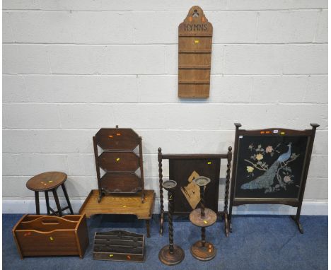 A SELECTION OF OCCASIONAL FURNITURE, to include an oak fire screen with a needlework insert, height 95cm, another fire screen