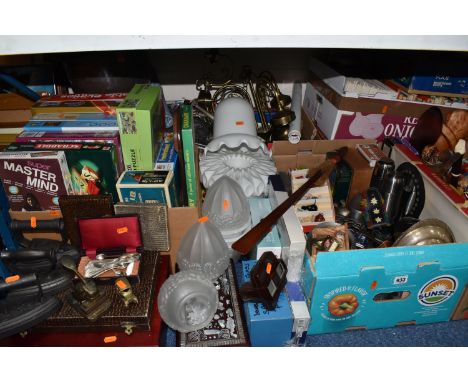 SIX BOXES AND LOOSE MISCELLANEOUS ITEMS to include a box of vintage jigsaw puzzles and games, a box of assorted vintage toys 
