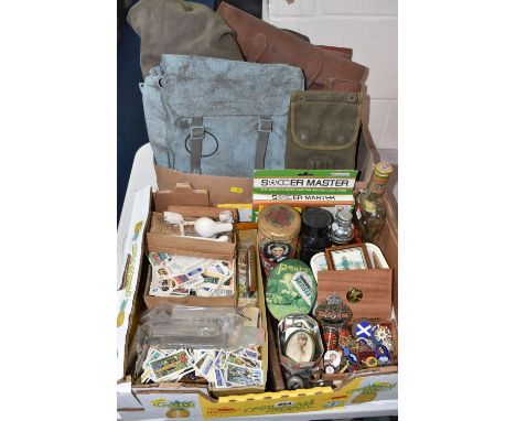 TWO BOXES OF MISCELLANEOUS VINTAGE ITEMS, to include approximately twenty enamelled pin badges cycling related, a general pos