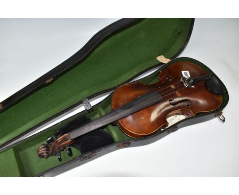 A CASED VIOLIN, bearing paper label 'Jacobus Stainer, Made in Czecho-Slovakia', single piece back, length of body excluding b