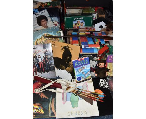 THREE BOXES OF VINTAGE TOYS AND LPS to include a group of mostly hardback Harry Potter books, assorted vintage board games an