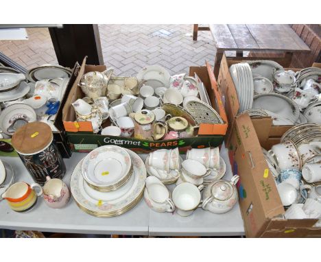 FOUR BOXES AND LOOSE TABLEWARE, to include a large Portmeirion 'Magic City' design covered jar, Aynsley 'Peony' dinnerware, t