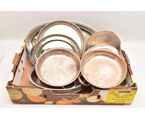 A BOX OF ASSORTED WHITE METAL WARE, to include various oval trays and entree dishes, names to include 'Mappin &amp; Webb, Elk