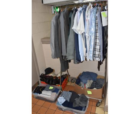 A COLLECTION OF MEN'S CLOTHES AND ACCESSORIES, included shirts, size L - XL,  suits 46in chest, 42in waist, blazers , jackets