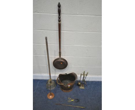 A COPPER COAL SCUTTLE, a bed pan, a partial companion set, a dolly peg, other fire accessories, condition report: all with we
