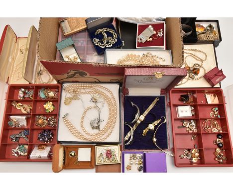 A BOX OF ASSORTED COSTUME JEWELLERY, to include imitation pearl necklaces, brooches, chains, storage boxes with earrings, a '