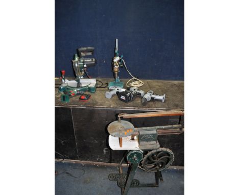 A COLLECTION OF VINTAGE AND POWER TOOLS, including a Hobbies treadle scroll saw (drive wheel loose), a Parkside mitre saw (PA