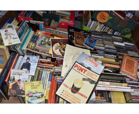 SEVEN BOXES OF BOOKS AND CDS, approximately one hundred titles hardback and paperback format subjects include cars, cooking, 