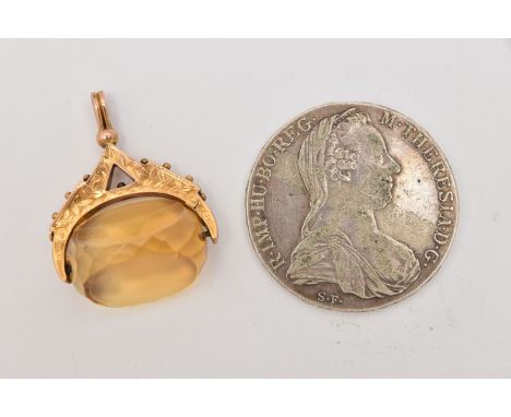 A SWIVEL FOB AND A COIN, the yellow metal swivel fob set with a faceted Citrine, unmarked metal, with bail, approximate width