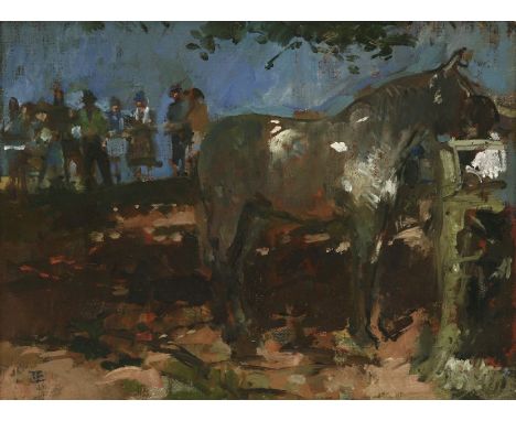 *Tom Coates (b.1941)A HORSE AT A TROUGH, FIGURES GATHERED BEHINDSigned with monogram l.l., oil on canvas board22 x 30cm*Artis