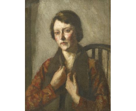 British School, c.1930sPORTRAIT OF A YOUNG WOMAN, HALF LENGTH, SEATED, IN AN EMBROIDERED COATOil on canvas51 x 41cm