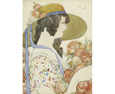 Albert Wainwright (1898-1943)PORTRAIT OF A GIRL WITH ROSES, WEARING A FLORAL DRESS AND BONNET Signed u.r., watercolour35.5 x 