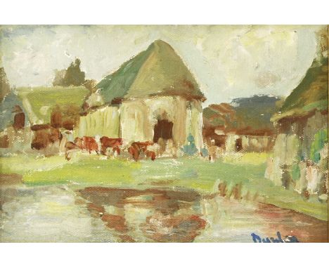 *Ronald Ossory Dunlop RA (1894-1973)COWS IN A FARMYARDSigned l.r., oil on canvas laid down on board18 x 25cm*Artist's Resale 