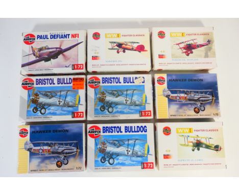 Airfix - A squadron of nine 1990's boxed 1:72 scale plastic military aircraft model kits from Airfix. Lot includes Airfix #01