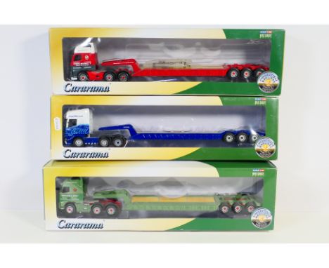 Cararama - 3 x boxed limited edition trucks in 1:50 scale, Scania R560 in Eddie Stobart livery Volvo FH16 in Rawcliffe & Sons