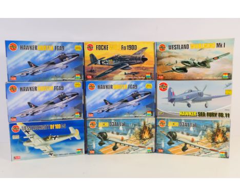 Airfix - Nine boxed mainly 1990's plastic model aircraft kits in 1:72 scale from Airfix. Lot includes Airfix #02073 Hawker Hu