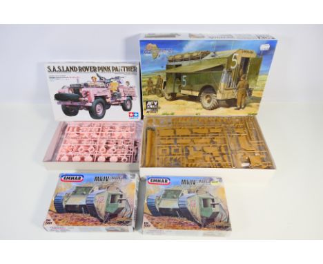 Tamiya - AFV Club - Emhar - Four boxed plastic military vehicle model kits in 1:72 and 1:35 scales. Lot consists of AFV Club 
