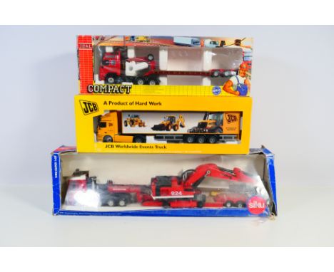 Joal - Siku - 3 x boxed trucks in 1:50 scale including a JCB liveried Mercedes Actros. They are dusty from display and appear