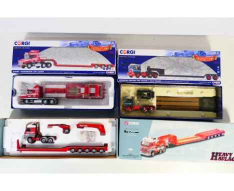 Corgi - 3 x boxed trucks in 1:50 scale Volvo, Scania and Atkinson. All are dusty from display and have some damage / missing 