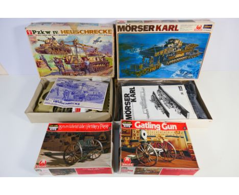 Bandai - Hasegawa Life-Like - Four boxed plastic military model kits. Lot consists of Hasegawa #MB032 1:72 scale German 600mm