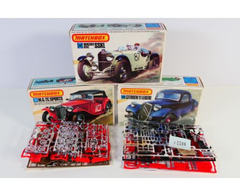 Matchbox -Three boxed Matchbox 1:32 plastic model car kits. Lot consists of Matchbox #PK-306 MG TC Sports; #PK-310 Citroen 11