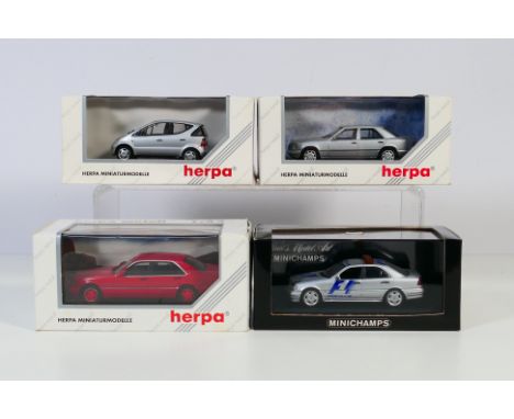Minichamps - Herpa - 4 x boxed Mercedes Benz models in 1:43 scale, AMG C36 F1 Team Doctors Car # 032166, 600 SEL # 070041, E3