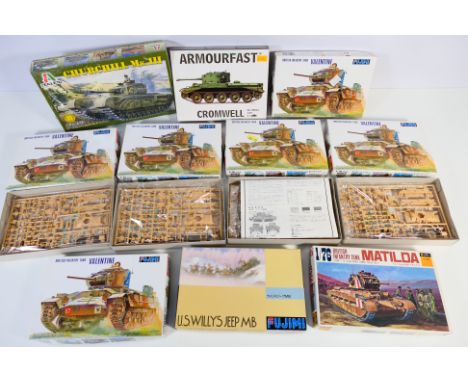 Italeri - ArmourFast - Fujimi - Hasegawa - Ten boxed 1:76 & 1:72 scale plastic military vehicle model kits. Lot includes Fuji