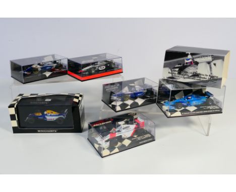 Minichamps - 6 x boxed F1 cars in 1:43 scale including Jenson Button 2000 Benetton B200, a 2007 Lewis Hamilton Vodafone McLar