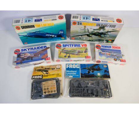 Airfix - Frog - Seven boxed and bagged plastic model aircraft kits in 1:72 scale. Lot includes Frog F222 Dewoitine D520C Airf