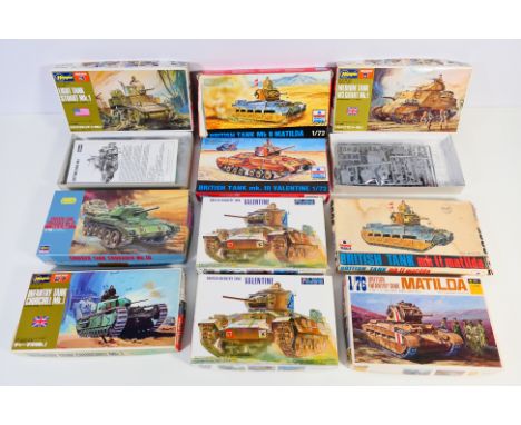 Hasegawa - Fujimi - Esci - Ten boxed 1:76 & 1:72 scale plastic military vehicle model kits. Lot includes Fujimi #76007 Valent
