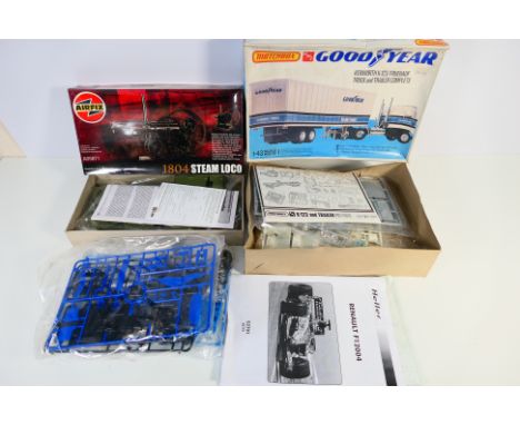 Matchbox / AMT - Airfix - Heller - Three plastic model vehicle kits in various scales. Lot consists of an unboxed Heller 1:18