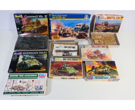 Hasegawa - Fujimi - Esci - Eight boxed 1:76 & 1:72 scale plastic military vehicle and accessory model kits. Lot includes Ital