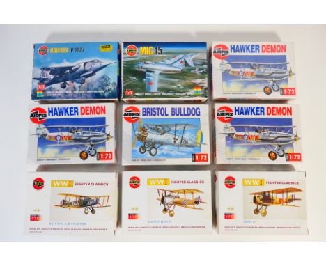 Airfix - A fleet of nine 1990's boxed 1:72 scale plastic military aircraft model kits from Airfix. Lot includes Airfix #01083