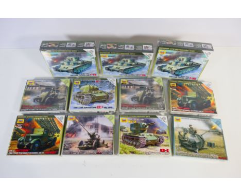Zvezda - 11 boxed plastic military model kits in various scales from Zvezda. Lot includes Zvedza #6203 1:100 T35 Tank; #6117 